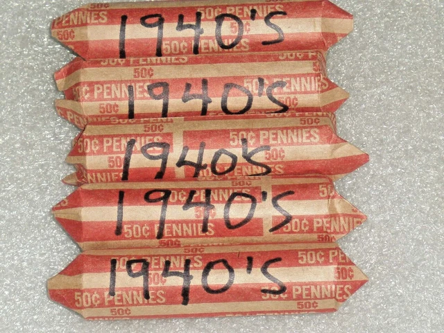 Lot 250 1940-1949 P-D-S Lincoln Wheat Cents/Pennies/Cent/Penny (5) Rolls 50 each