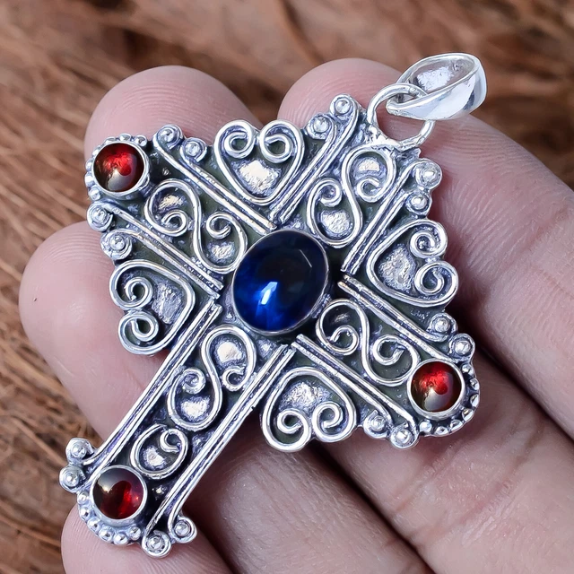 Pendentif Croix Ancien En Argent Sterling 925 - Avec 5 Pierres Péridot Vertes Naturelles - Chaîne 18 Pouces