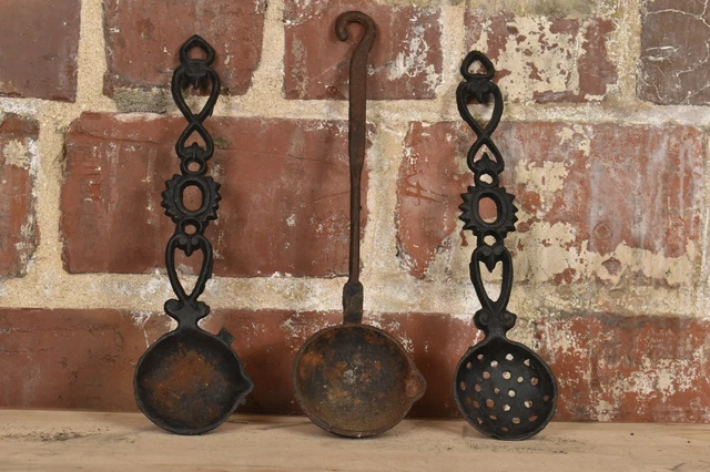 3pc Vintage TAIWAN Cast Iron Decorative Hanging Utensil Set Ladle Strainer Spoon