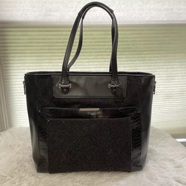 Coach Taylor Croc Black Leather & Wool Tote Bag, large carryall bag F33395