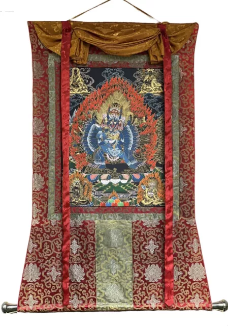 Yamantaka With Shakti Original Tibetan Thangka/Thanka Painting With Silk Brocade