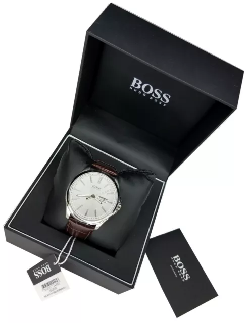 Hugo Boss Mens 42mm Leather Band - Water Resistant Quartz Silver Tone Dial Watch