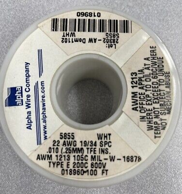 Alpha Wire 5855-WH005 Hook-up Wire 22AWG 19/34 PTFE 100ft SPOOL WHT