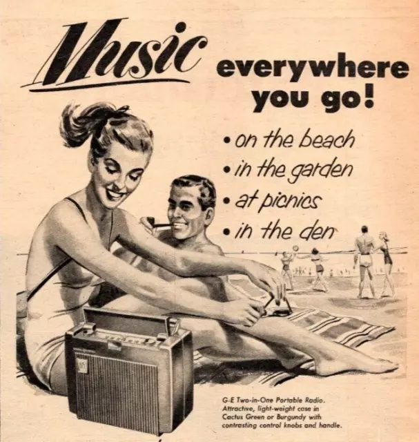 PRINT AD General Electric Two-in-One Portable Radio 1953 6.5" x 15" Beach