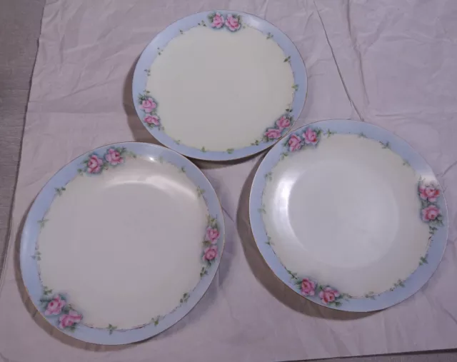 3 Antique FAVORITE Silesia 8.5” Hand Painted Pink Roses Porcelain Plates