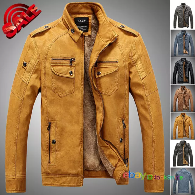 Mens Leather Jacket Motorcycle Winter Fur lining Black Slim fit Biker Warm Coat