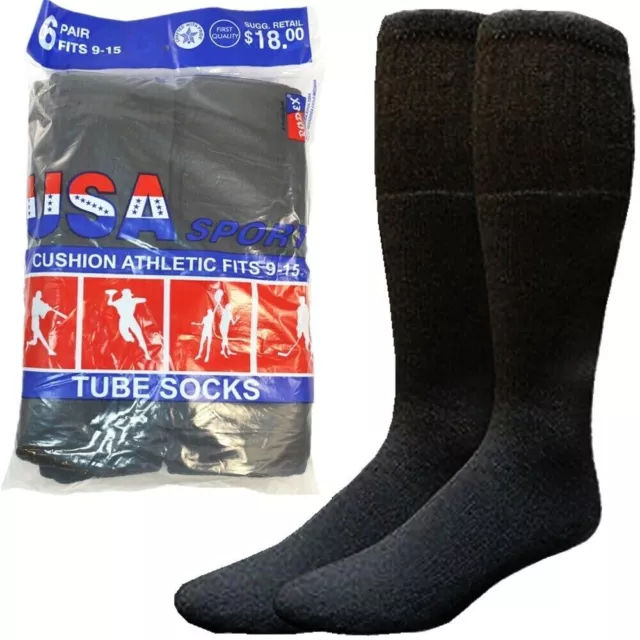 12 Paris Mens Black Cotton Athletic Sports Tube Socks 22" Size 9-15 Made For USA