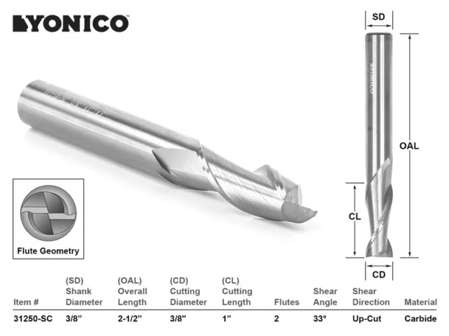 3/8" Dia. Upcut Spiral End Mill CNC Router Bit - 3/8" Shank - Yonico 31250-SC