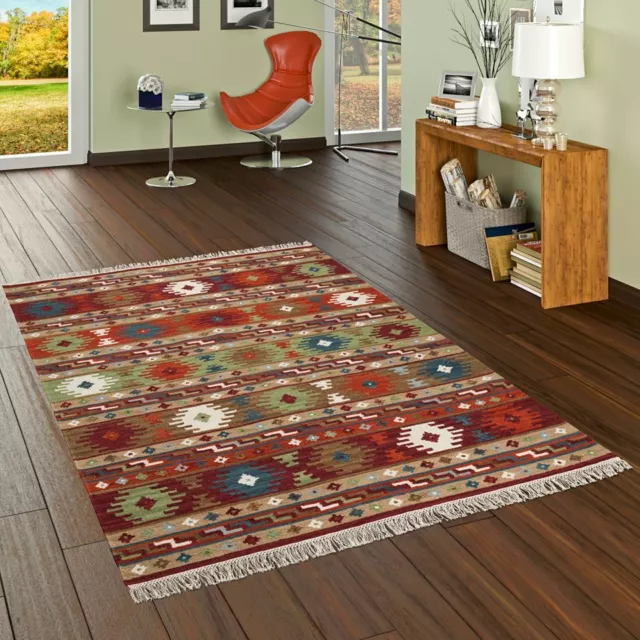 Natur Teppich Kelim Sumak Rot Bunt Modern