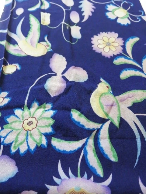 3N07z30 Antique Japanese Kimono Chirimen Kinsha FABRIC Blue-Purple Bird 34.6"