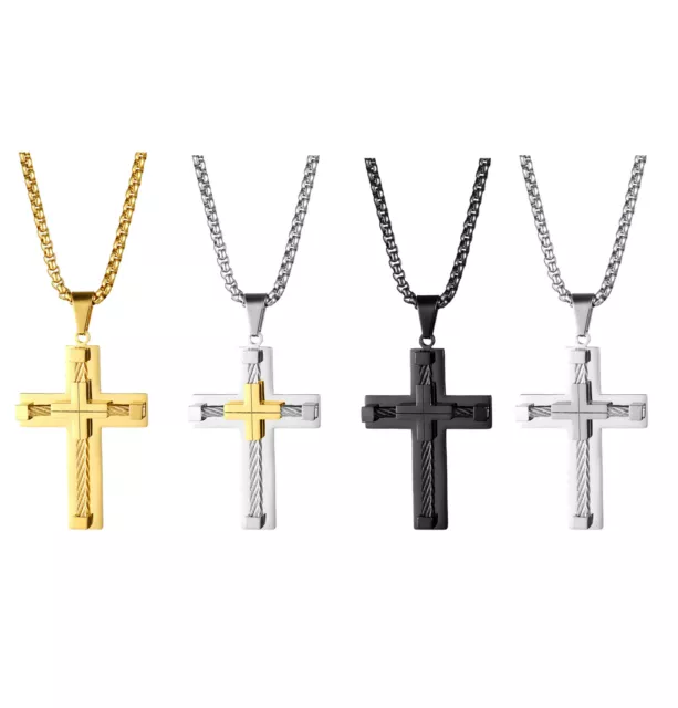 Crucifix Cross Prayer Pendant Chain Necklace For Men Stainless Steel Religious