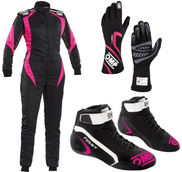 OMP Fahrer Set Anzug Handschuhe Schuhe Konvolut für Go Karting und Rallye Rennen pink