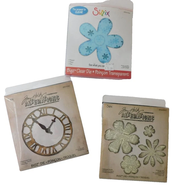 Lote de 3 flores transparentes Sizzix Tim Holtz reloj desgastado troquelado florales Sizzix flor transparente