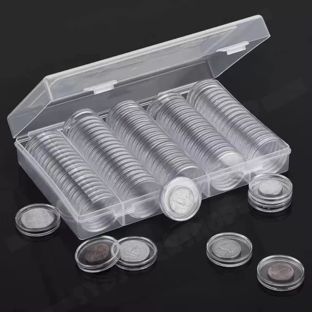 100PCS Coin Storage Box Case Capsules Holder Clear Plastic Round 20/25/27/30mm 2