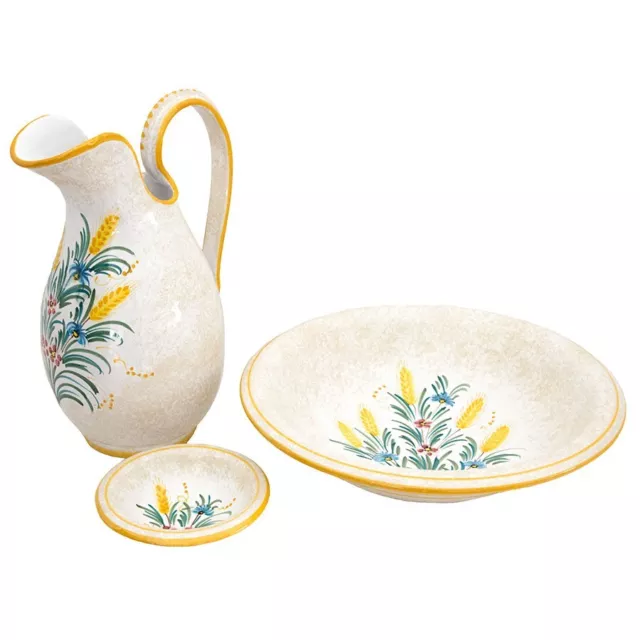 Tris set di ceramiche spiga gialla dipinte a mano Deruta lavabi antichi toelette