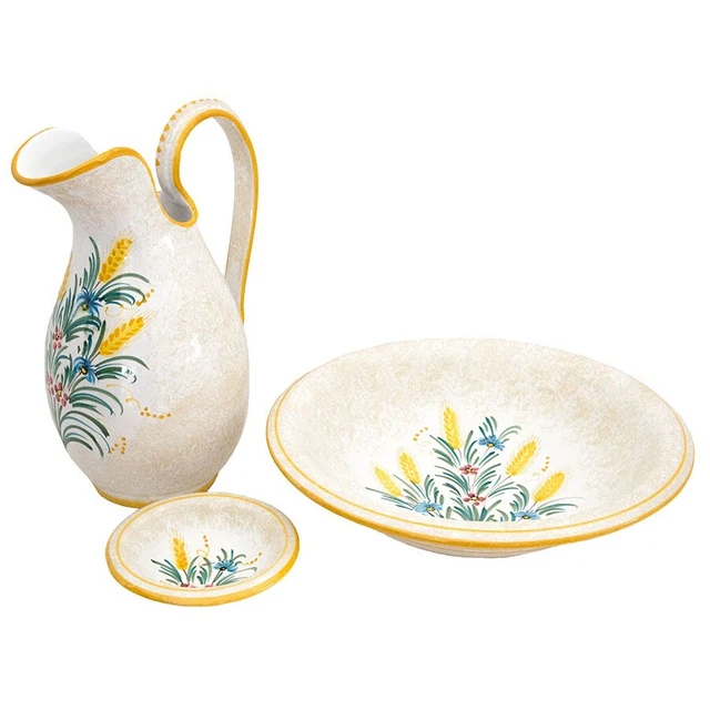Tris set di ceramiche spiga gialla dipinte a mano Deruta lavabi antichi toelette