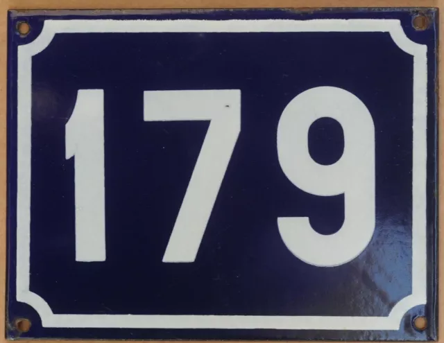 Large old blue French house number 179 door gate plate plaque enamel sign NOS