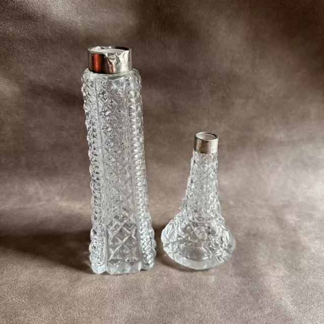 2x ANTIQUE VINTAGE STERLING SILVER TOPPED CRYSTAL GLASS PERFUME BOTTLES