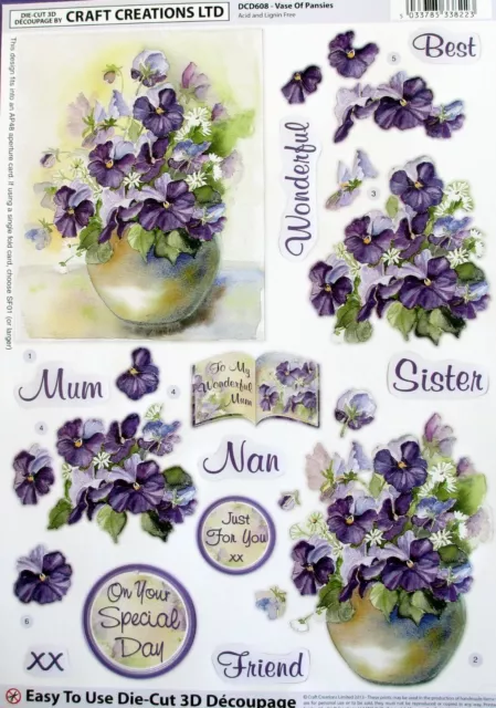 A4 DIE CUT 3D PAPER Tole Decoupage 'VASE OF PANSIES' SHEET DCD608 Flowers