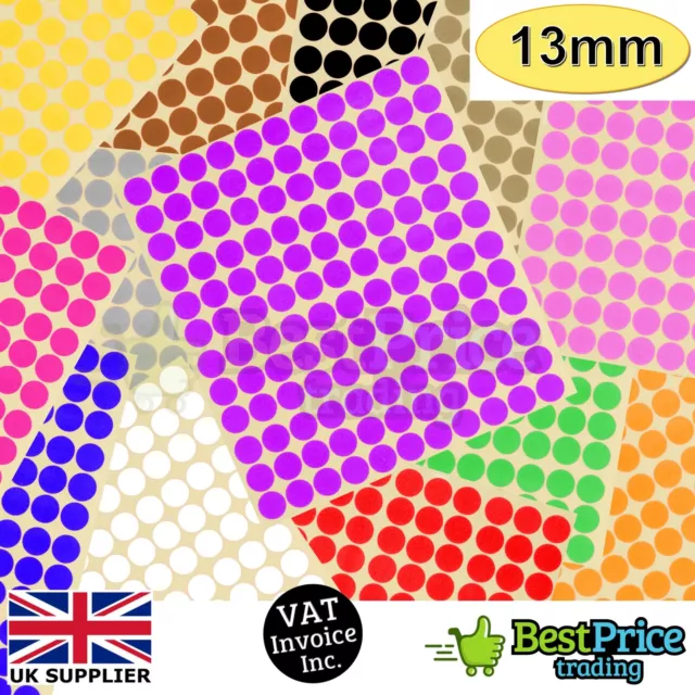 264 x 13mm Coloured DOT STICKERS Round Sticky Adhesive Spot Circles Paper Labels