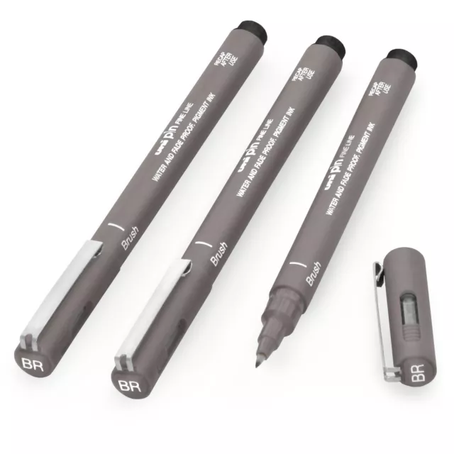 Uni Pin Fineliner Drawing Pen - Dark Grey Ink - Brush Nib - Pack of 3