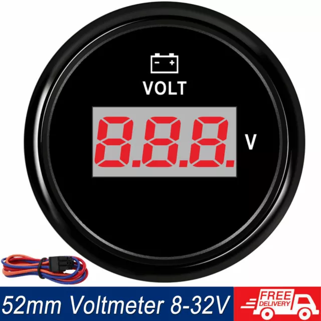 52MM Voltage Gauge With Red Backlight LED Display 8~32V For Marine Boat Truck