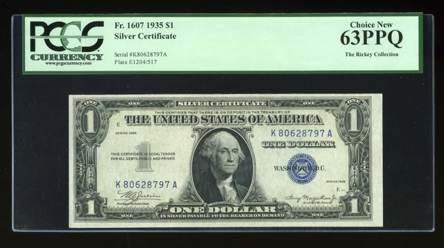DBR 1935 $1 Silver Fr. 1607 KA Block PCGS 63 PPQ Serial K80628797A (3 of 3 cons)