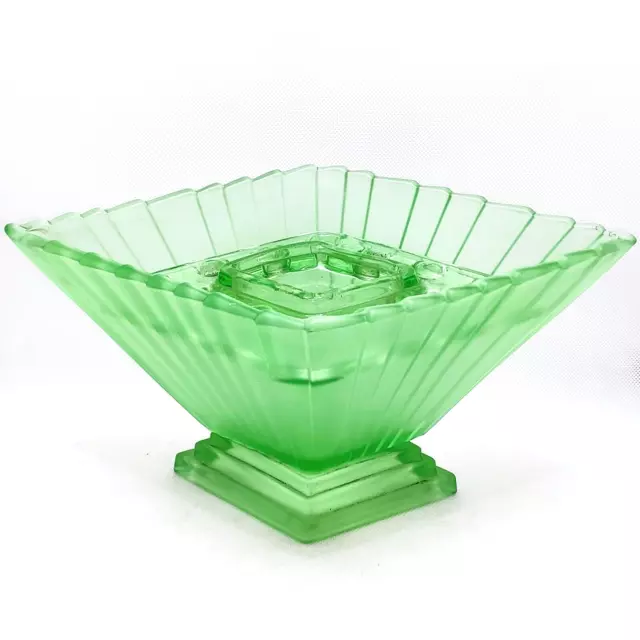 Vintage Art Deco Green Uranium Glass Flower Arrangement Vase - 6in / 15cm