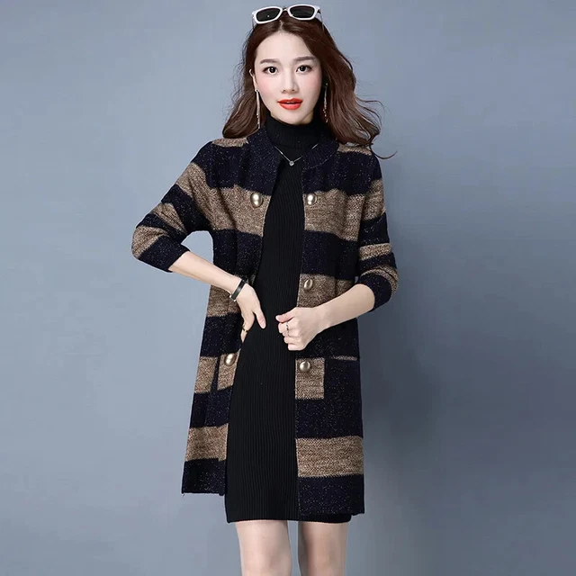 Rétro Femmes Rayé Tricot Cardigan Ouvert Avant Midi Veste Pull Manteau Slim Fit