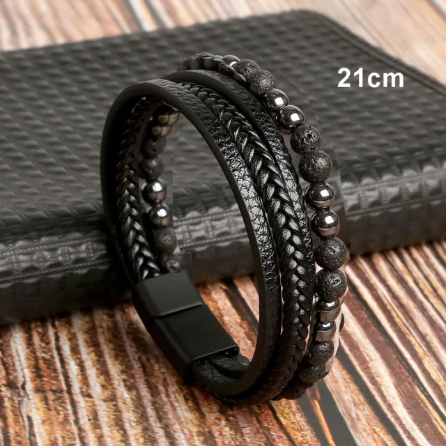 Mens Black Leather Bracelet Wristband Stainless Steel Clasp Jewellery Gift 2023