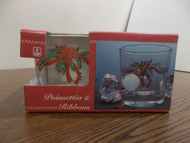 anchor hocking poinsettia & ribbons rocks glass glasses set of 4 christmas 9 oz