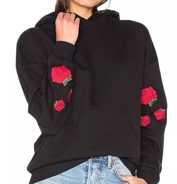 Revolve LPA Embroidered Rose Hoodie Sweatshirt Black Size Small