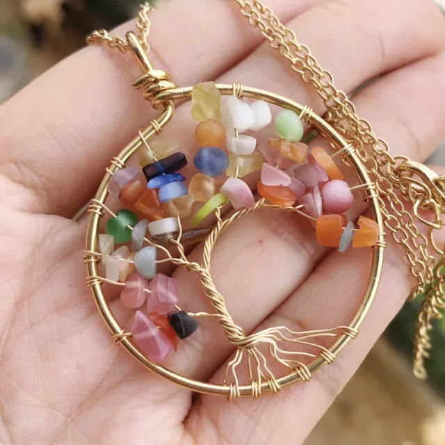 Rainbow Cat Eye Gem Tree Of Life Water-Drop Necklace Chakra Reiki Healing Amulet