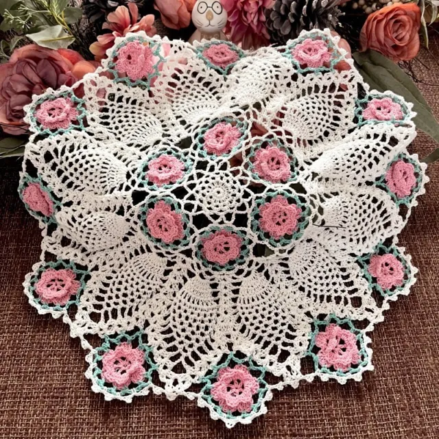 17" Vintage Hand Crochet Lace Doily Round Table Cover Mats Flower Tablecloth