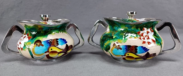 Pair of Vintage Korean 99% Silver Cloisonne Enamel Ducks Flowers Condiment Jars