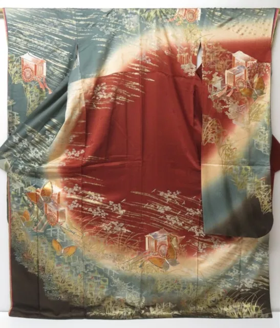 2206T09z1290  Japanese Kimono Silk FURISODE Butterfly Dull green