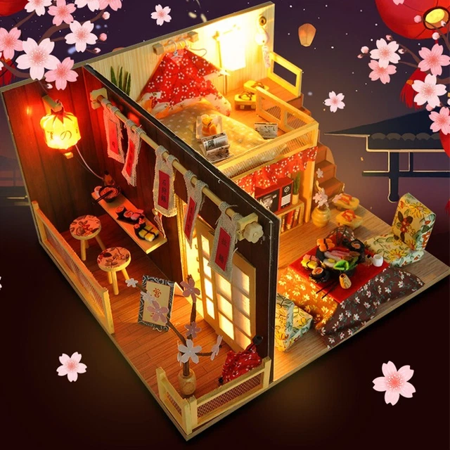 Wooden Miniature Model Kit Dust Cover&LED Light+Music Traditional Japanese House
