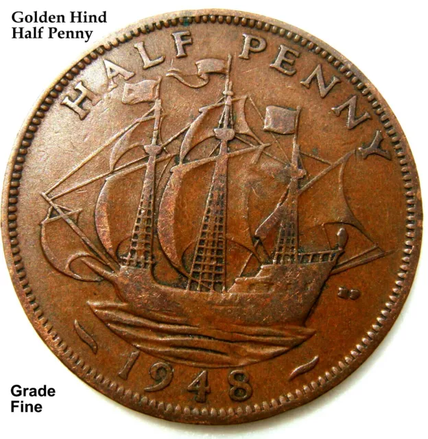 1948 King George VI Golden Hind Sailing Ship Half Penny in  Fine Grade