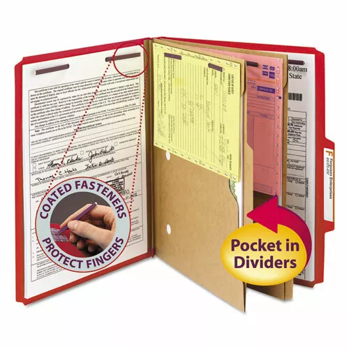 Smead 6 Section Red Pressboard Pocket Classification Folders 2 Div BX/10 14082