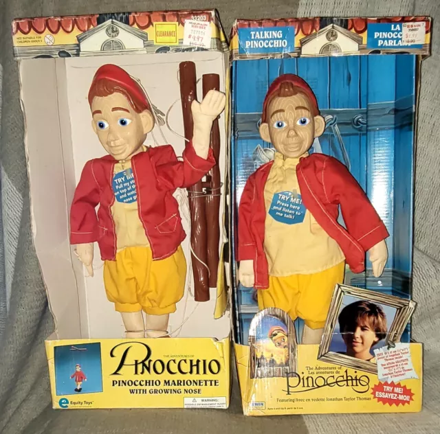 2) 1996 The Adventures  Pinocchio Marionette Puppet with Growing Nose & Talking