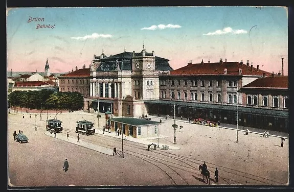 Brünn / Brno, Bahnhof, Vorplatz mit Strassenbahn, Ansichtskarte 1916
