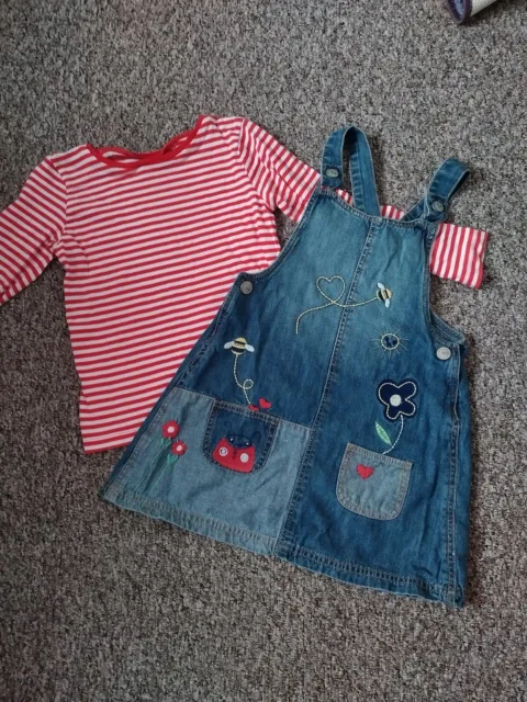 Girls Mothercare Outfit Long Sleeve Top And Denim Pinafore Style Dress 4-5 Years
