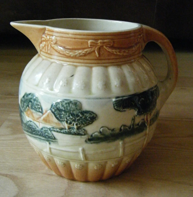 Antique ROSEVILLE POTTERY LANDSCAPE PITCHER YELLOW WARE Majolica