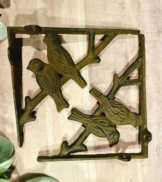 Pair 2 Cast Iron Antique-Rust Brown BIRD on BRANCH Brackets Braces Shelf corbels 6