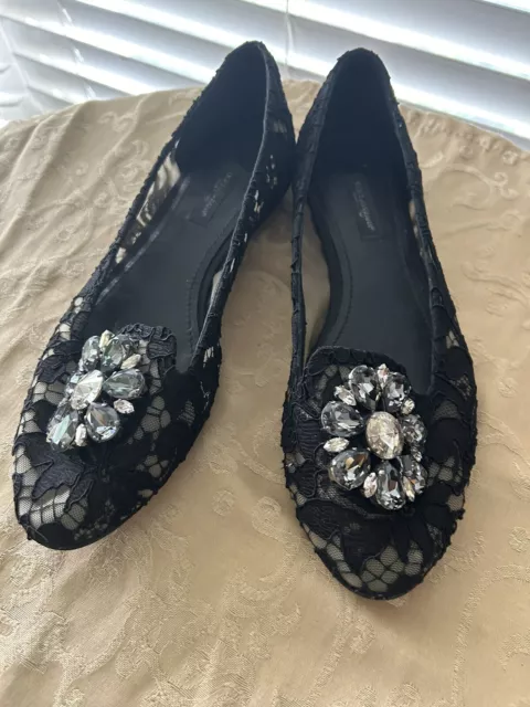 DOLCE & GABBANA Shoes Black Taormina Lace Crystals Flats EU38.5 US 8