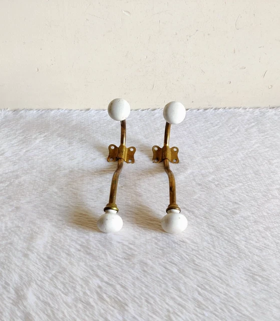 1920s Vintage Victorian Ceramic Knobs Ornate Brass Wall Hanger Hook 2 Pcs M322 4