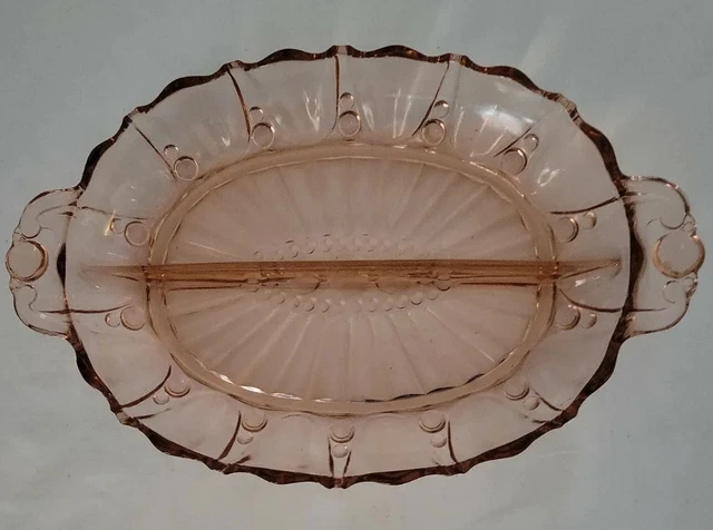 Vintage Pink Depression Glass divided dish relish bowl Oyster and Pearl