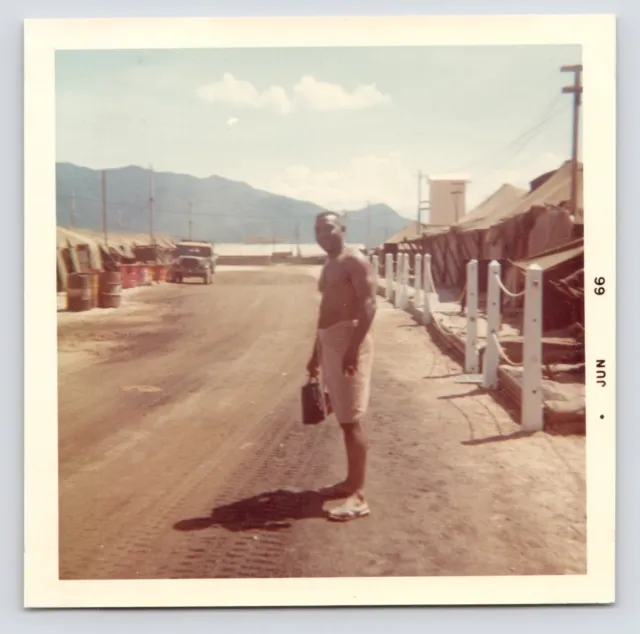 1966 Vietnam War Buff Black Army GI Half Naked in Towel in Camp Vintage Photo