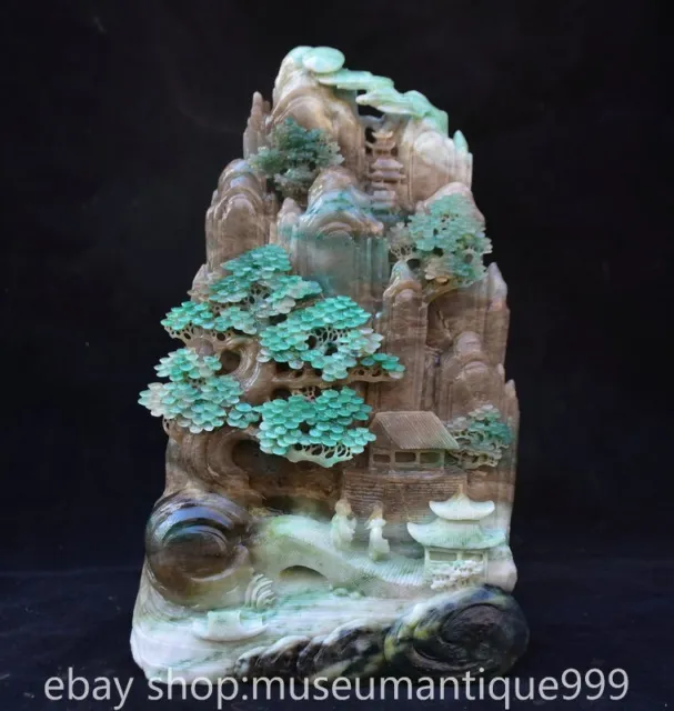 10.8" Chinese Natural Dushan Jade Carving Mountain Tree People Statue Sculpture