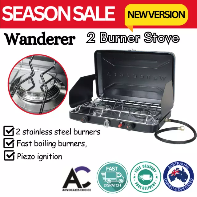 Wanderer LPG Portable 2 Burner Stove with Drip Tray Outdoor Camping Cooker New